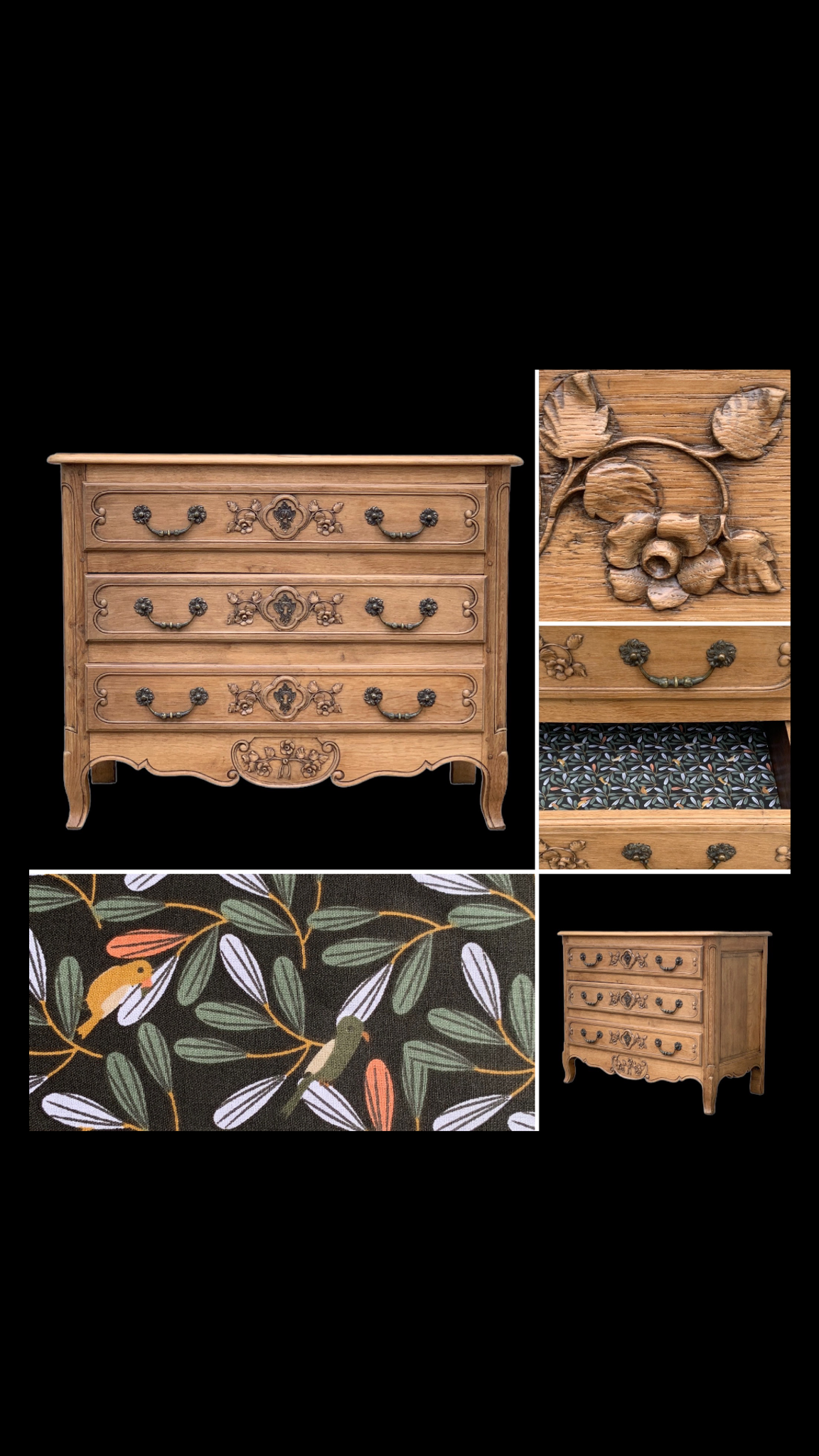 Louis XV style chest of drawers, solid raw oak, 1920.