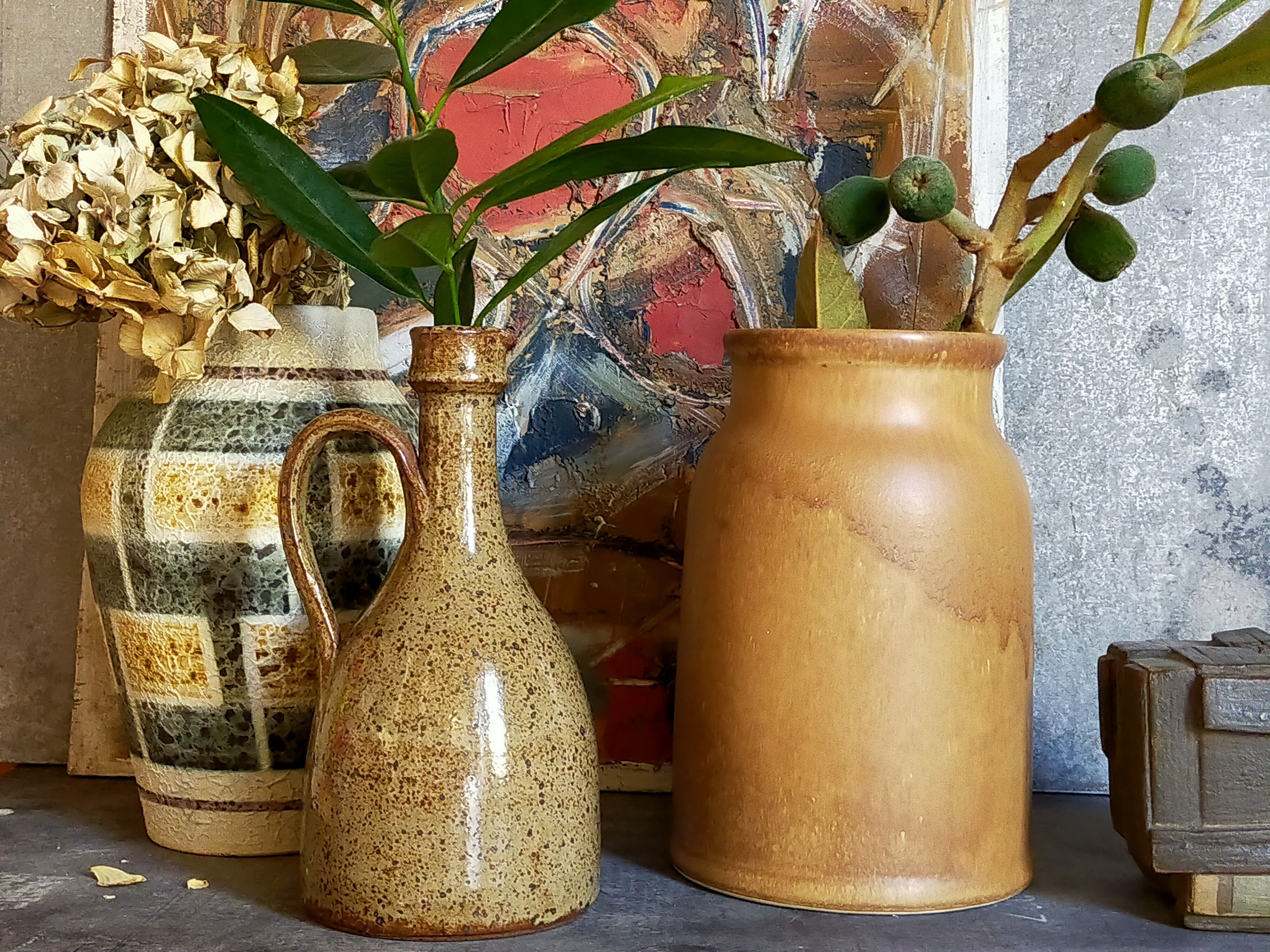 Vintage French enamelled straight sandstone vase