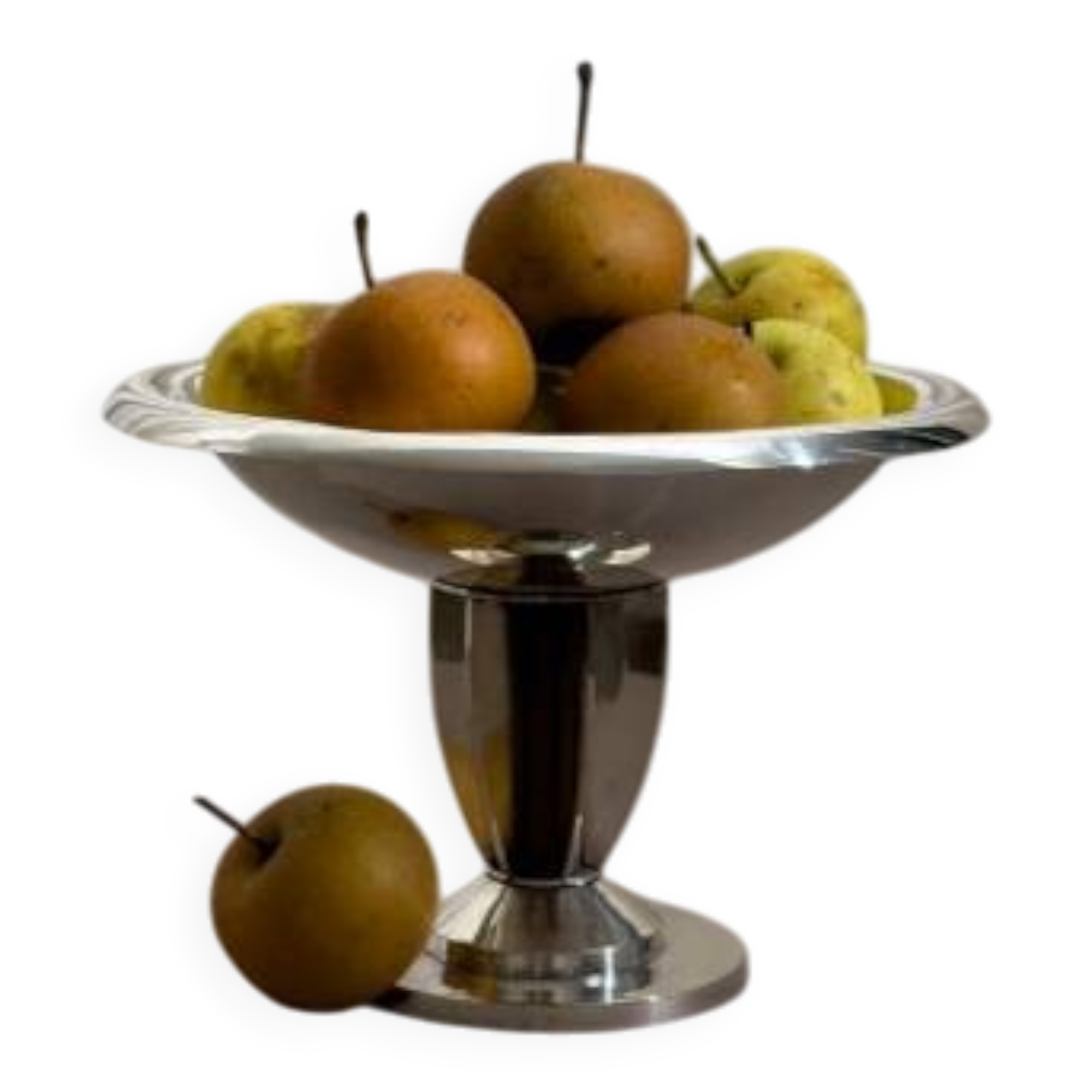 Vintage fruit bowl in silver metal and wood