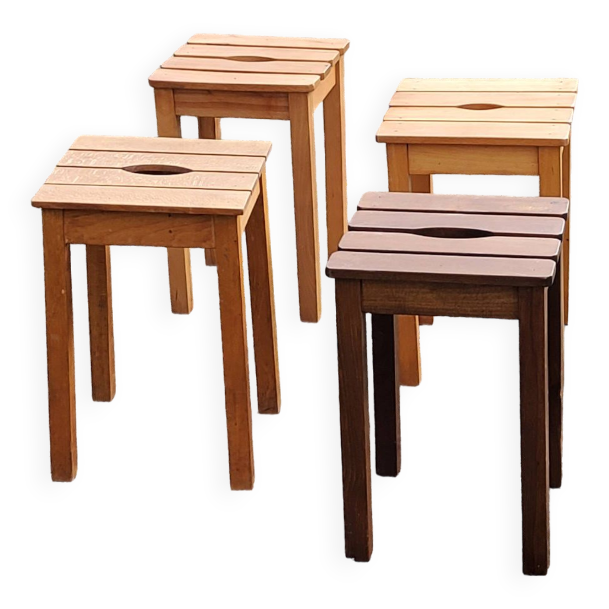 Set of 4 vintage stools in solid beech with slats