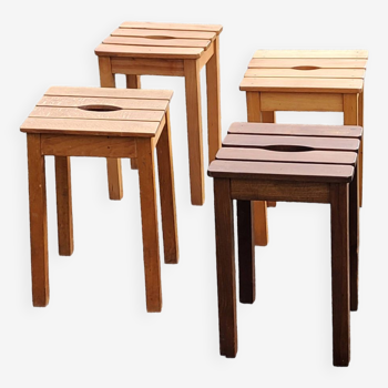Set of 4 vintage stools in solid beech with slats