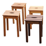 Set of 4 vintage stools in solid beech with slats