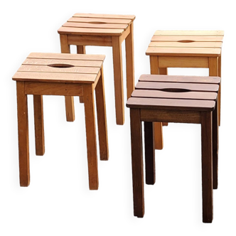 Set of 4 vintage stools in solid beech with slats