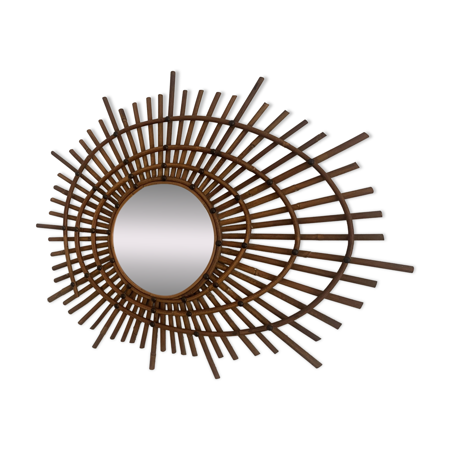 Miroir vintage 1960 soleil rotin style ORTF spirale - 80 x 62 cm