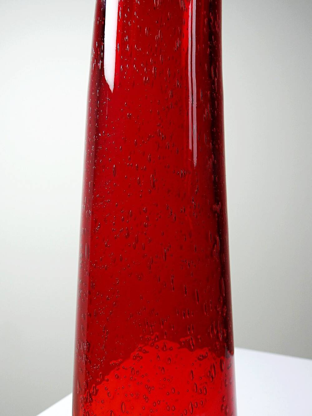 Red blown glass bubble tube vase in Murano style, vintage 80s-90s.