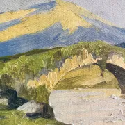Small oil on panel of a countryside view from the early 20th century.