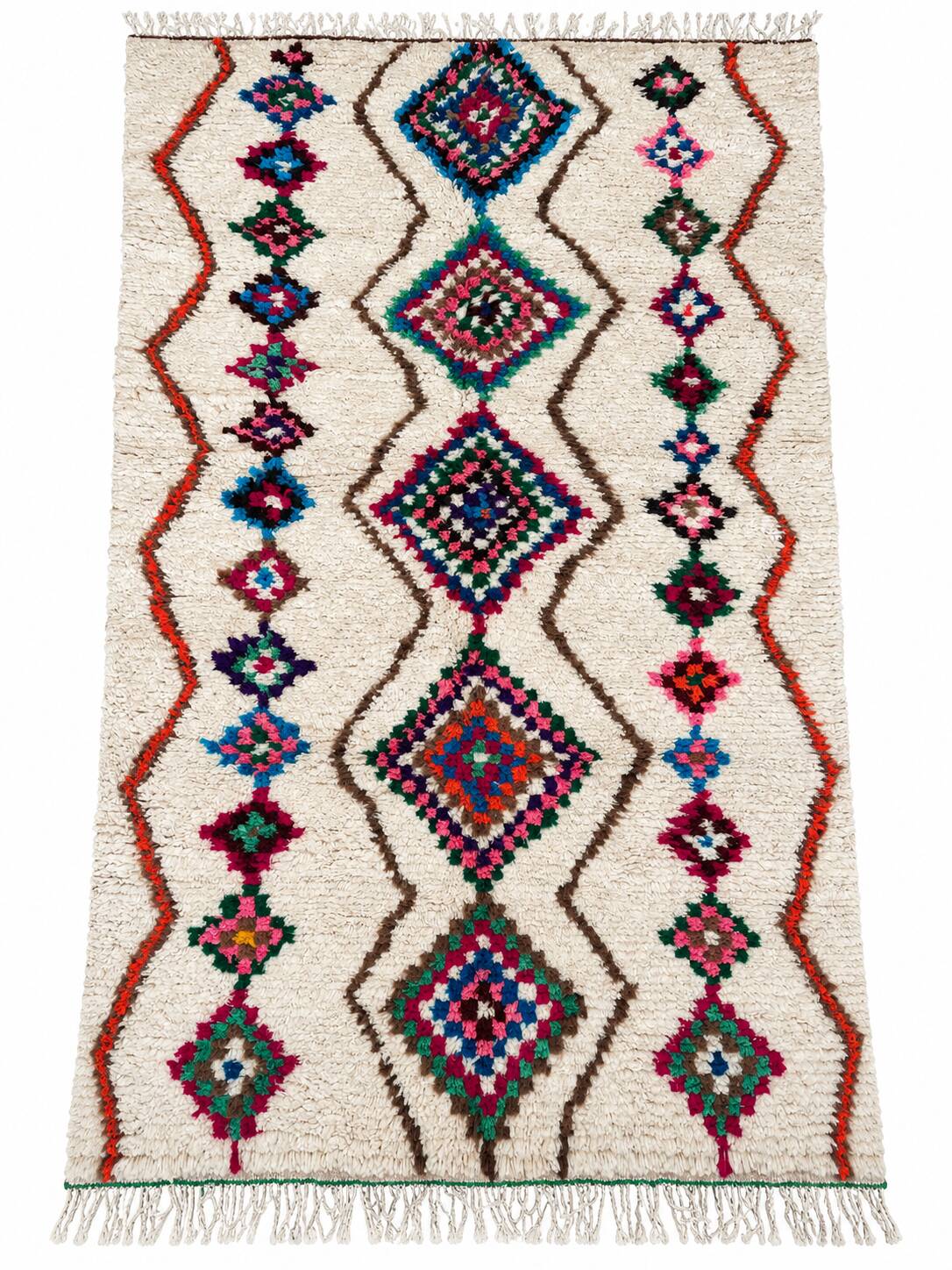 Moroccan Berber rug in cream wool with multicoloured diamonds – 250 × 147 cm