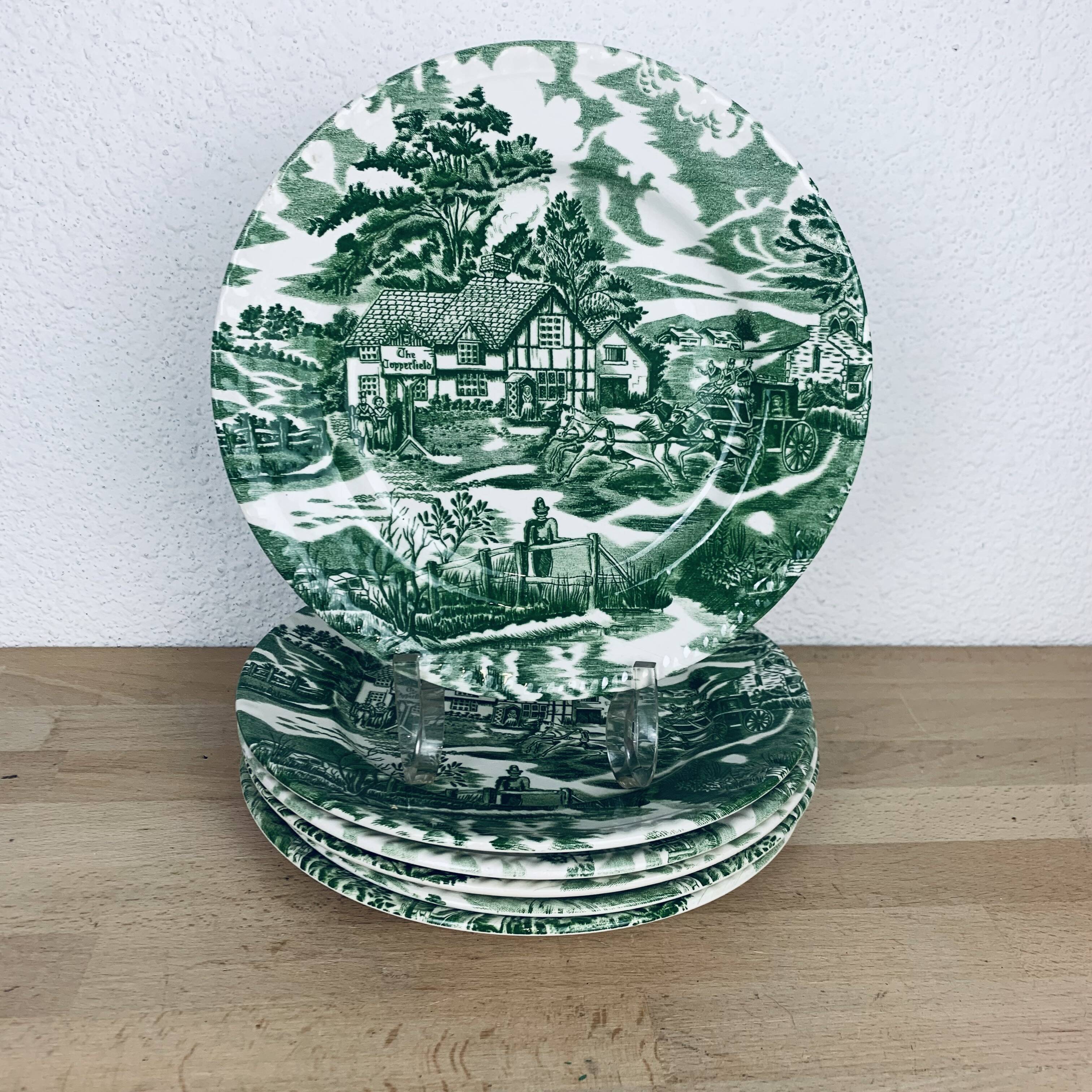 6 green English Style Luneville plates