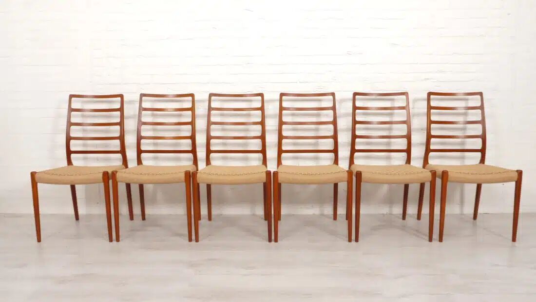 6 x vintage dining chairs | Niels Otto Møller | Model 82 | Papercord | Teak