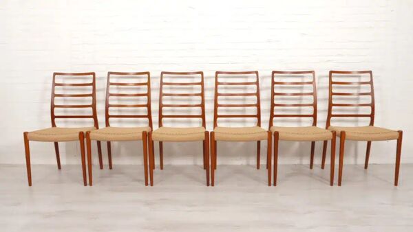 6 chaises modèle 82 en teck et corde par Niels Otto Møller