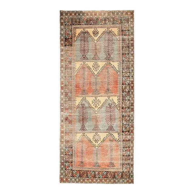 1970s Vintage Turkish Hand-Knotted Wool Cotton Orange Runner Rug 143x339