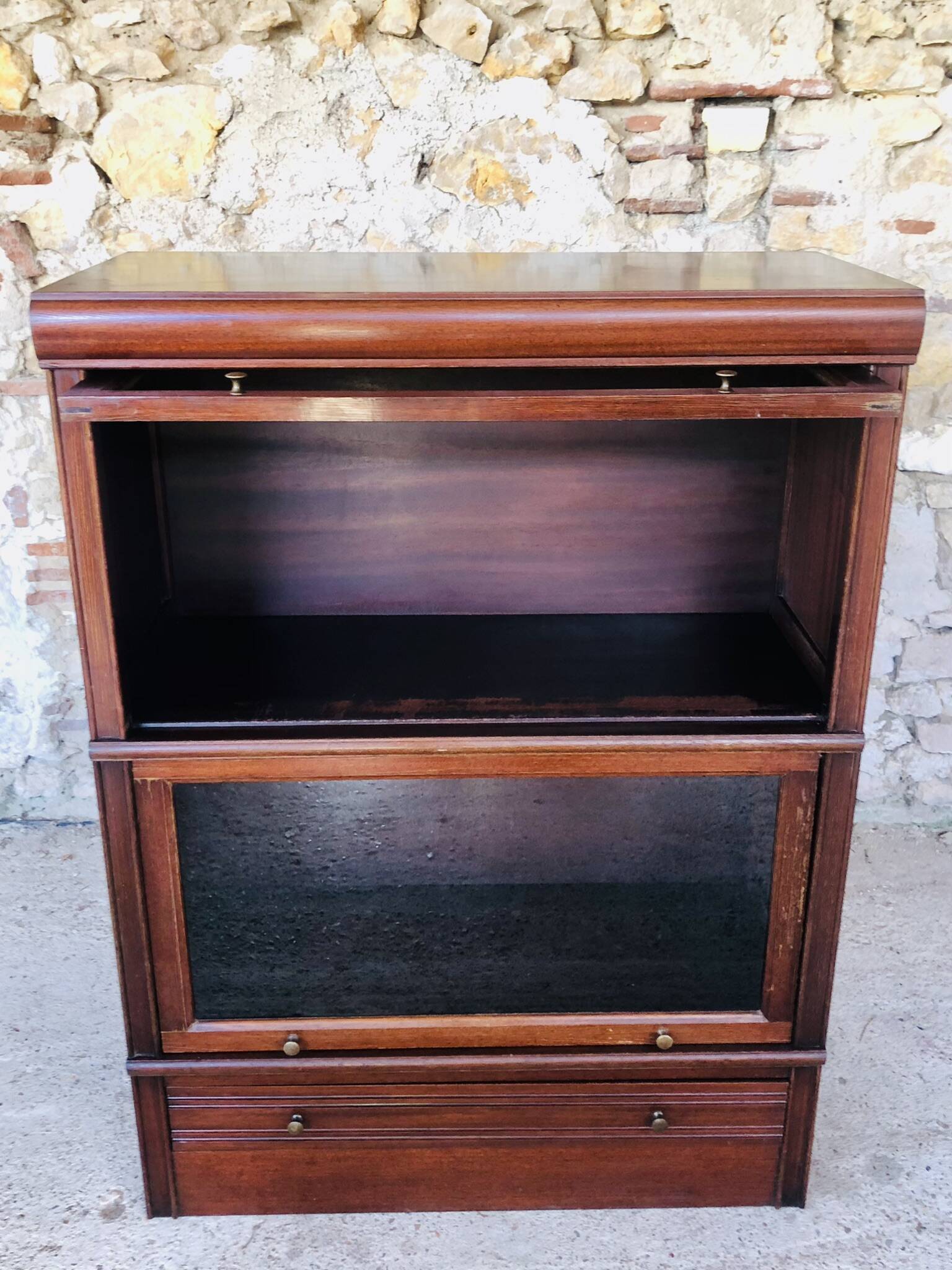 Vintage mahogany avocado bookcase with overhead glass doors circa 40's/50's