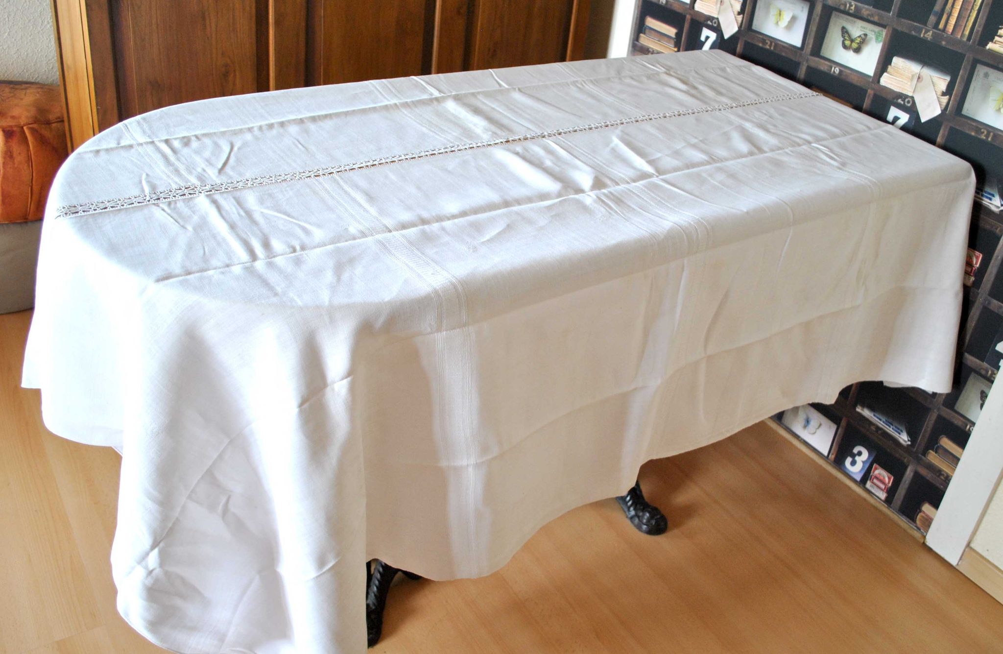Antique country tablecloth in white woven linen vintage