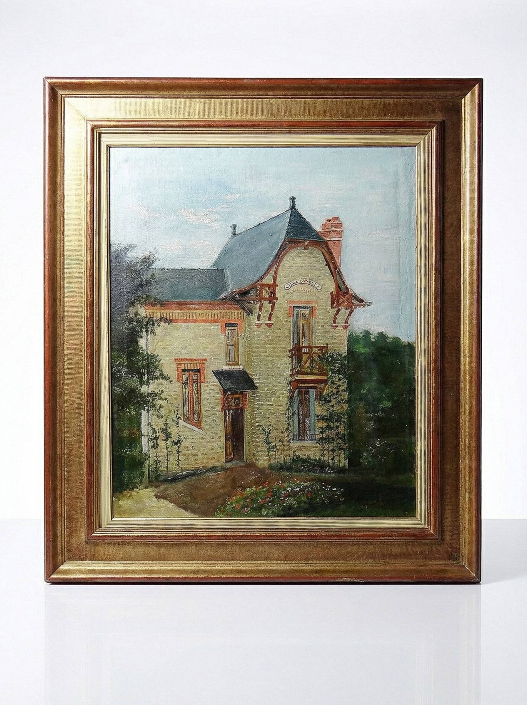 Large painting "Villa Camille" from the 1940s-60s, oil on canvas signed M. Lesoll.