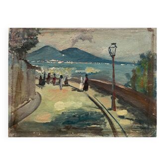 Tableau peinture ancienne paysage Vésuve Naples début XXe