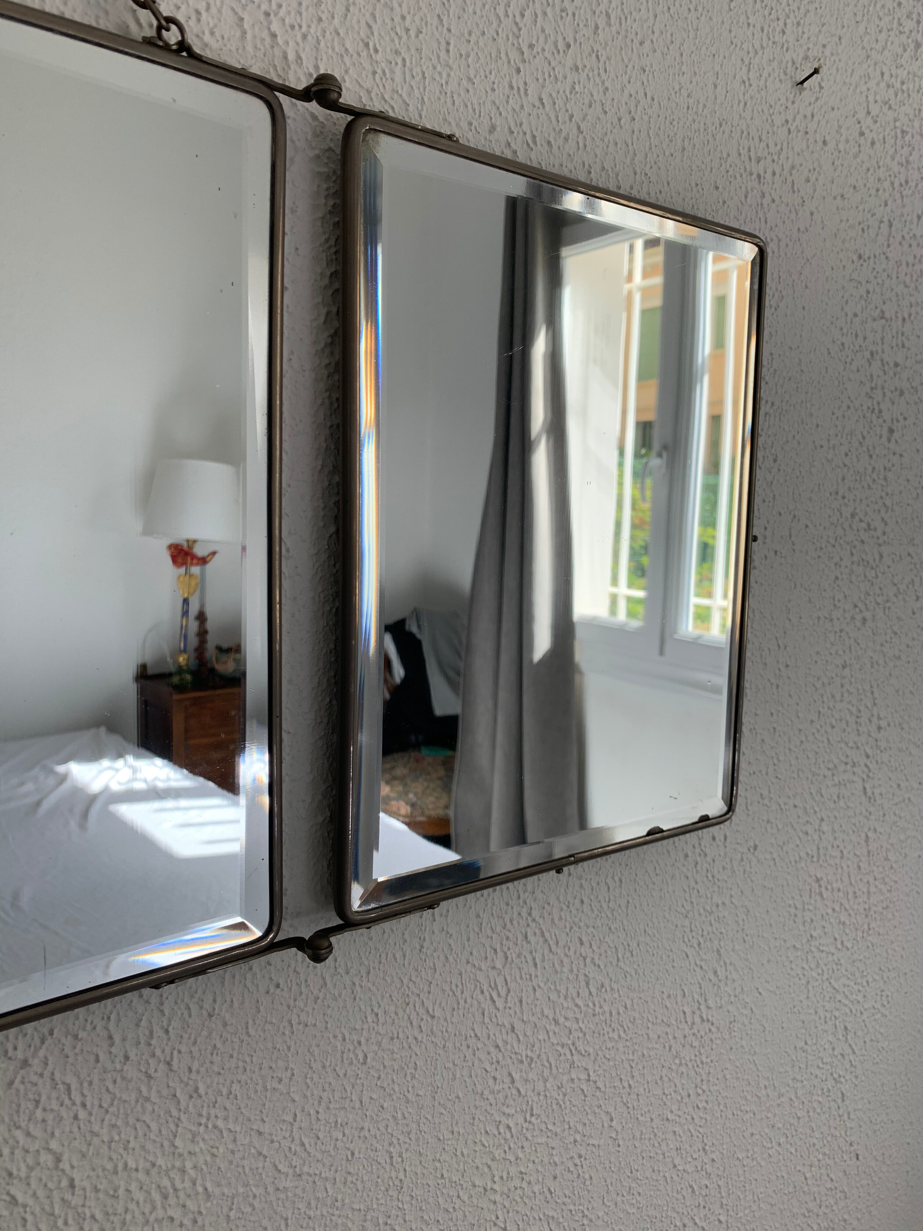 Vintage mirror 1930 triptych barber lime, 30 x 78 cm