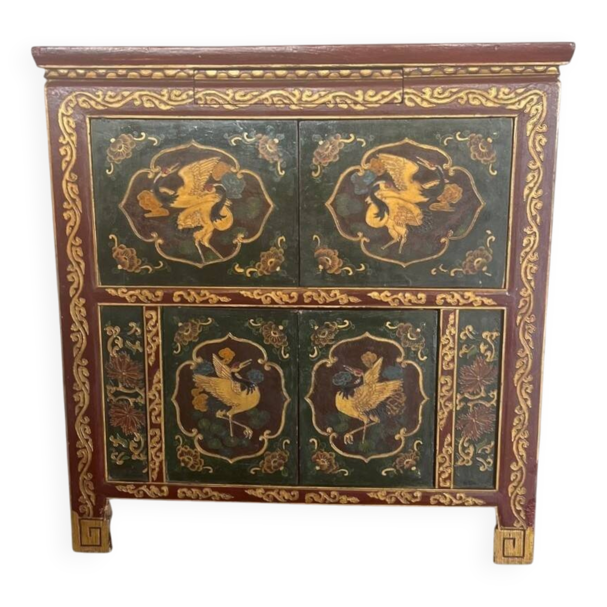 Rare Ancient Tibetan Buffet – Hand-Painted Wood – Floral & Traditional Decor