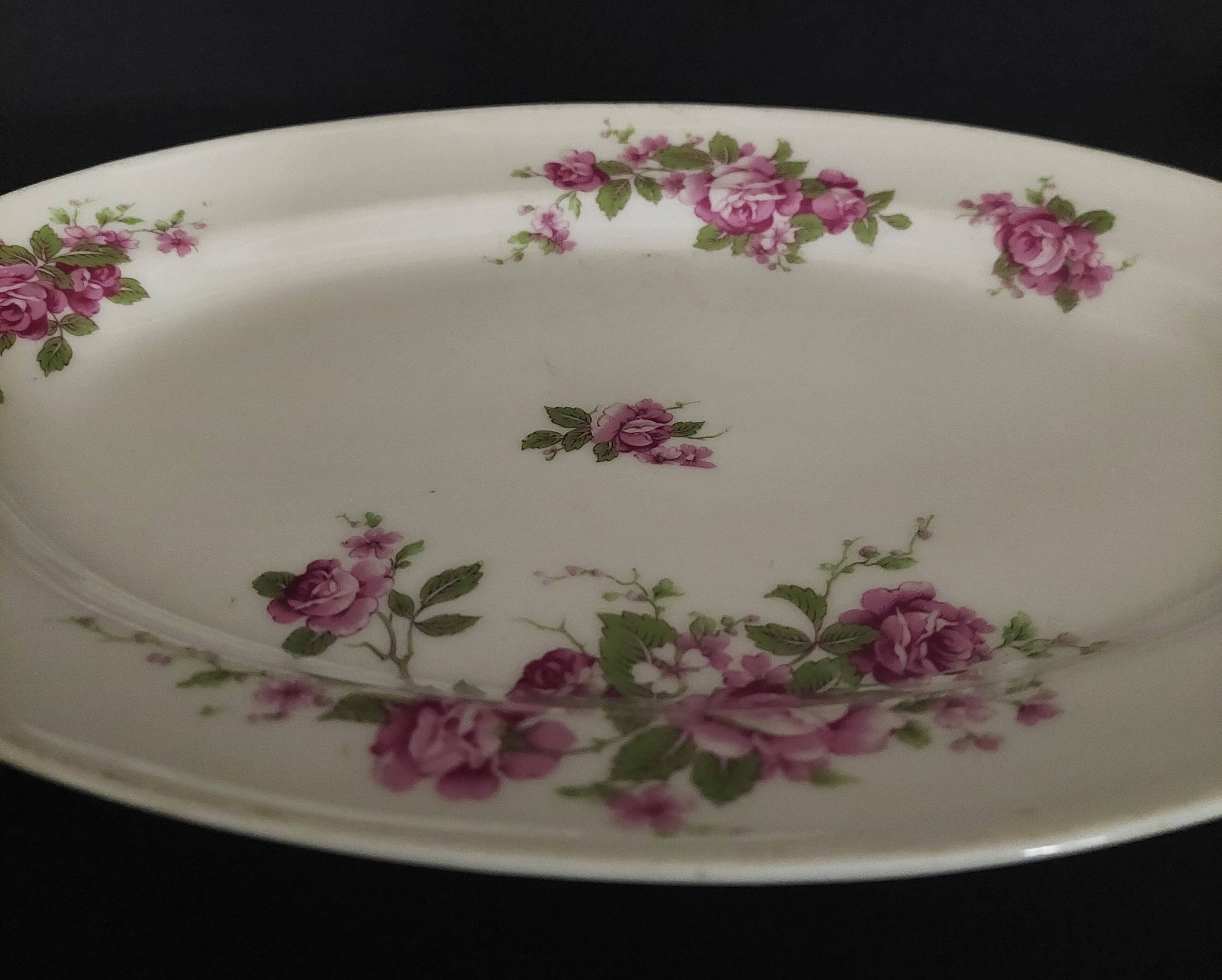 Oval porcelain serving dish decorated with roses MF Limoges