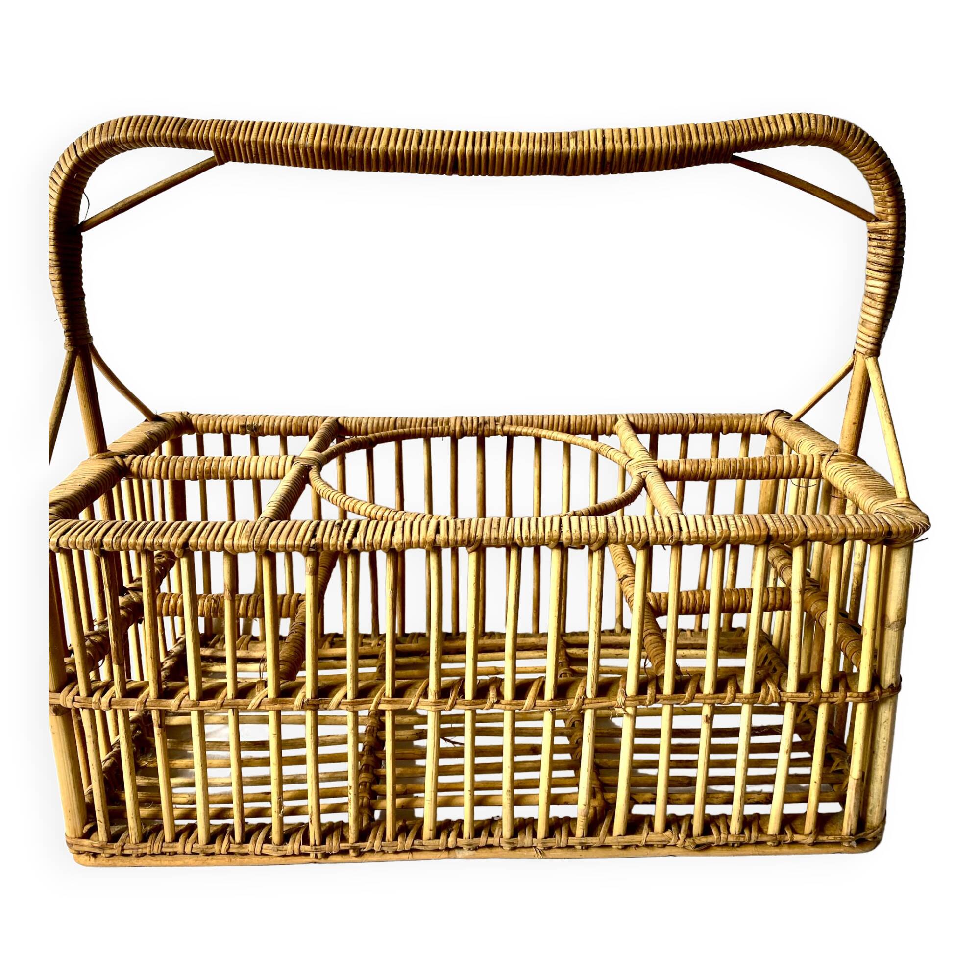 Vintage rattan bottle rack basket