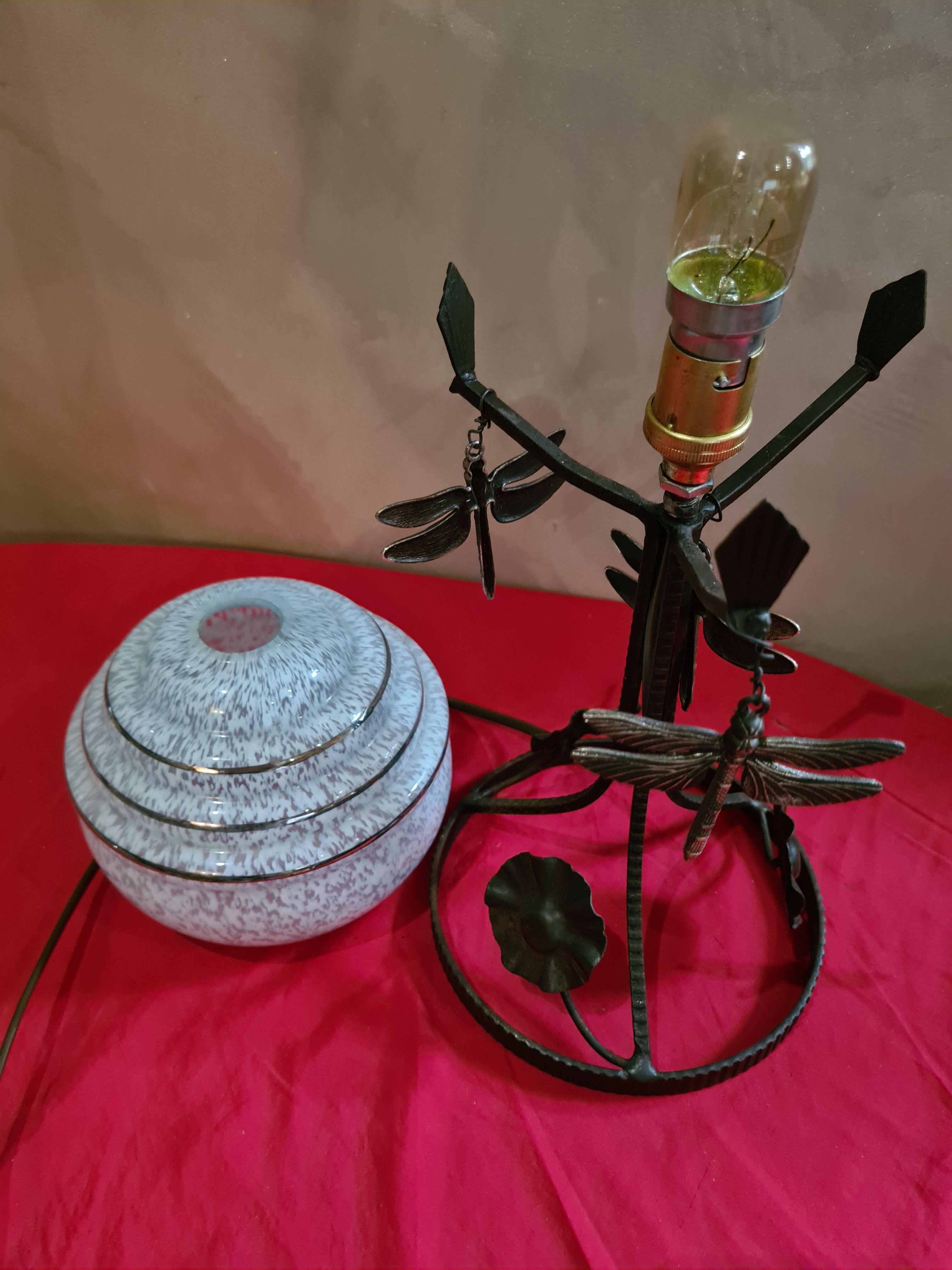 Wrought iron lamp molded blue globe clichy and its dragonfly 33x15
