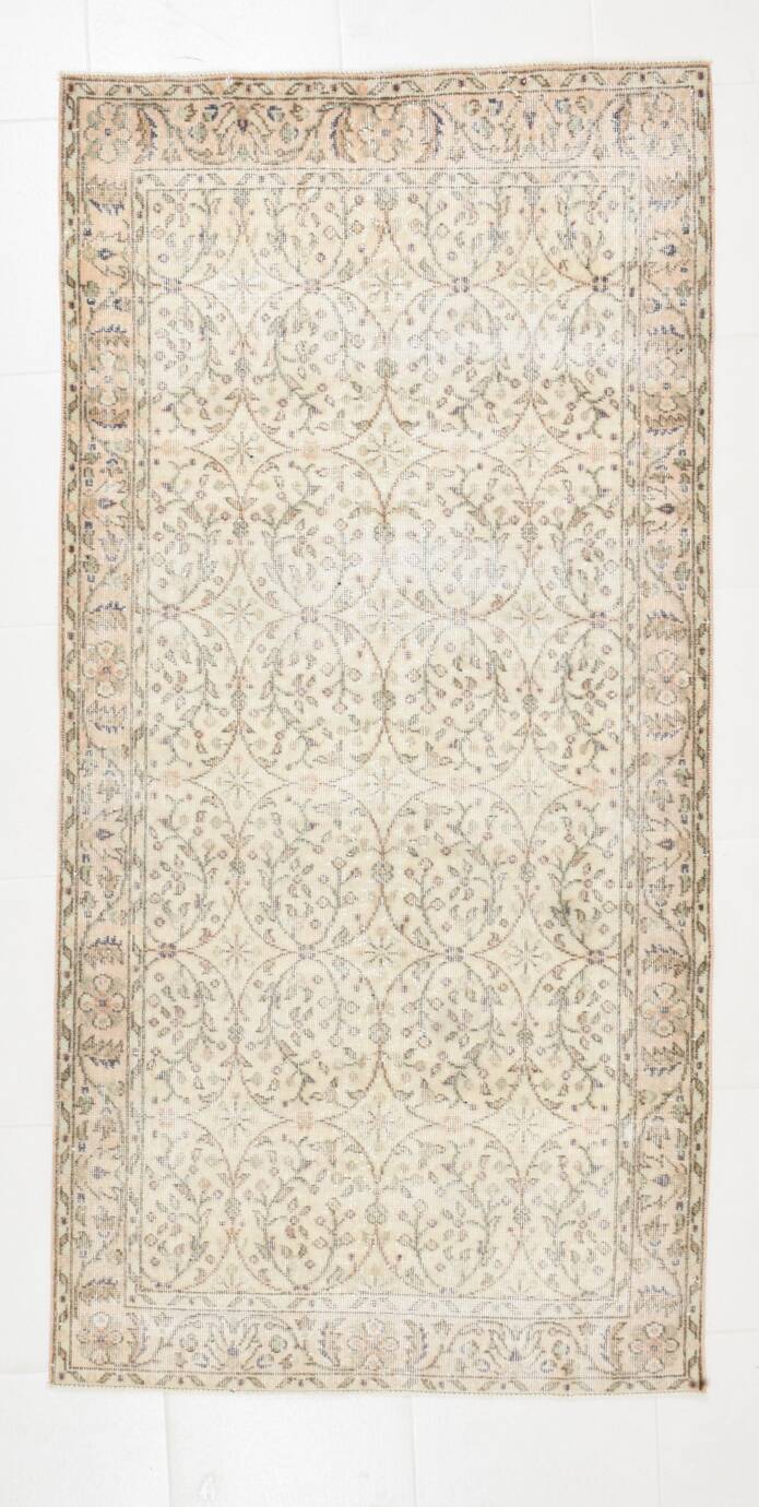 3x7 Brown Cream Floral Handmade Vintage Rug, 105x211Cm