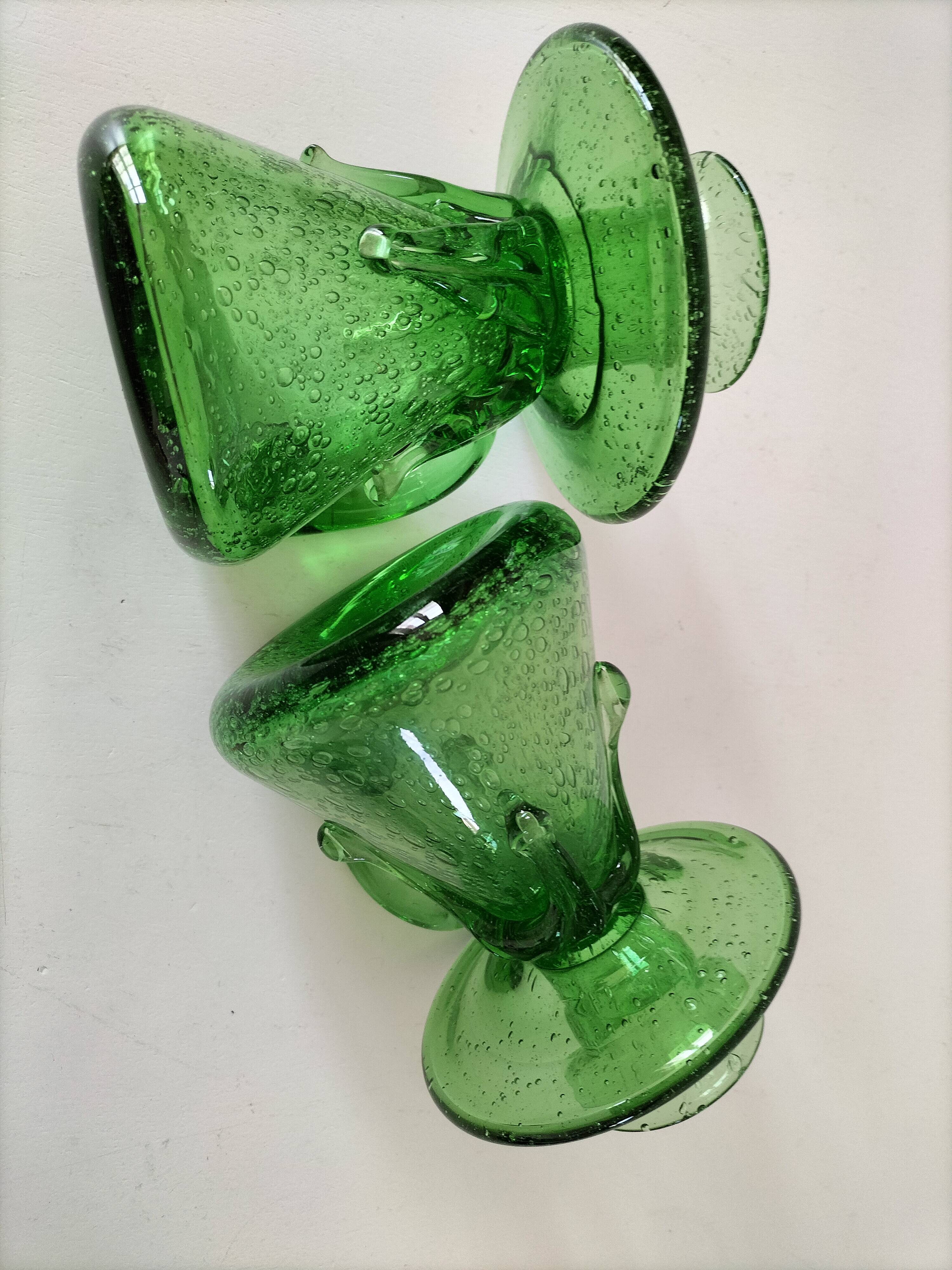 Duo de bougeoirs en verre bullé vert – Verrerie de Biot