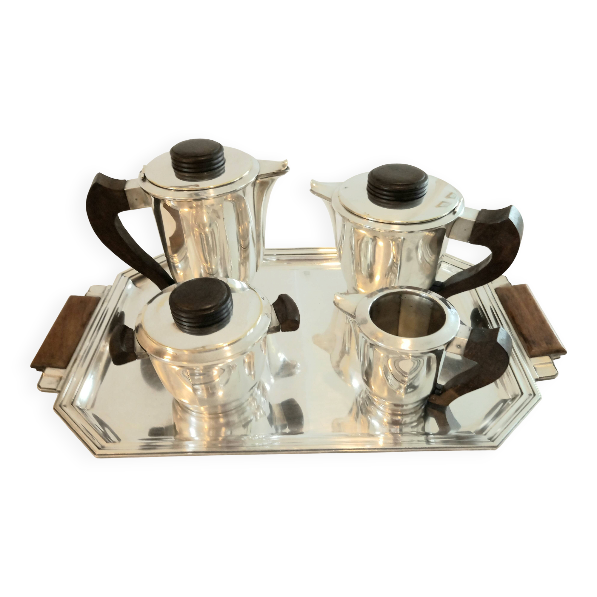 Art Deco coffee and tea service, silver-plated metal tray.