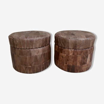 Pair of chest poufs in leather patchwork