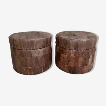 Paire de poufs coffre en patchwork de cuir