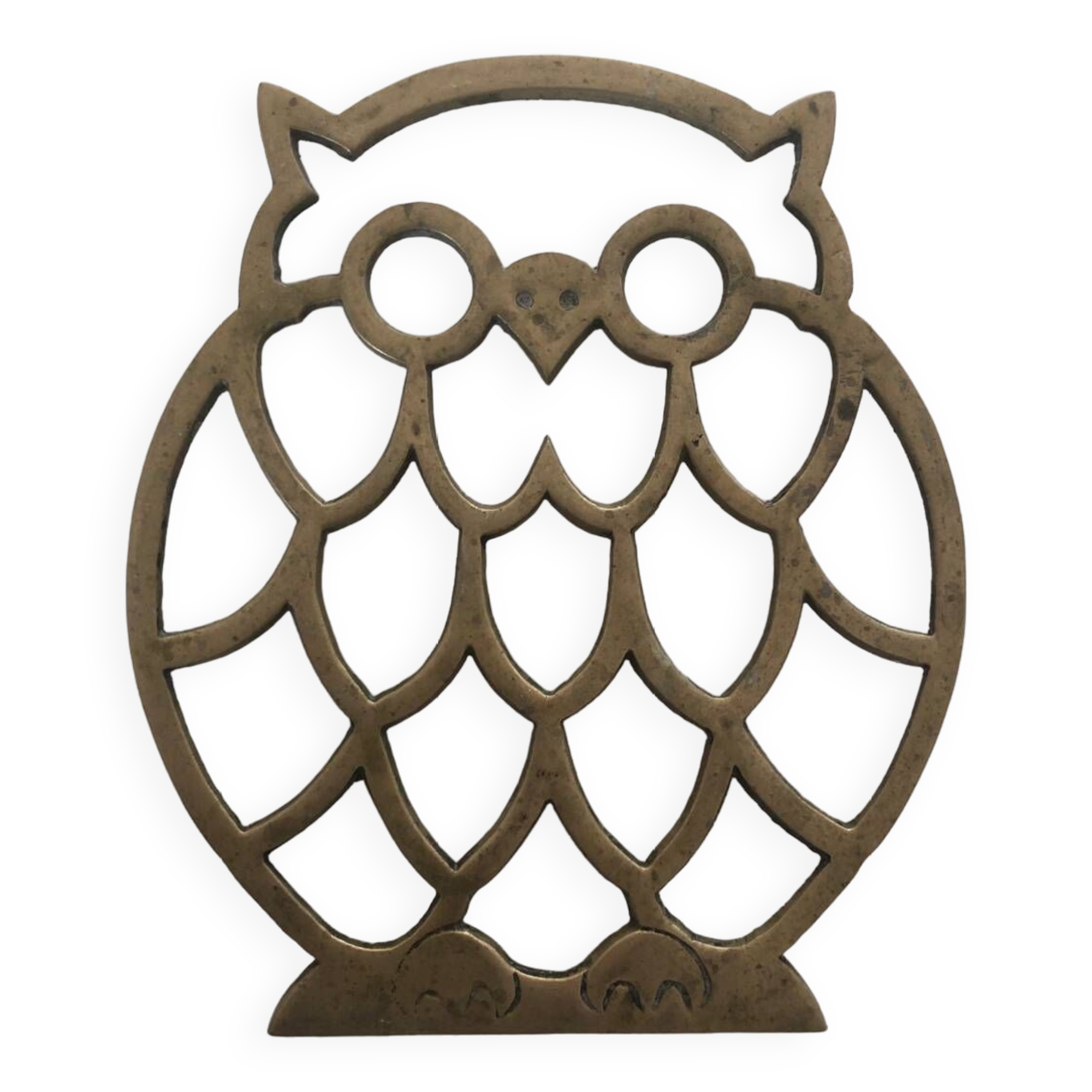 Old gold owl owl trivet in brass