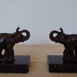 Art Deco bookends signed Gallot – elephants in spelter on marble