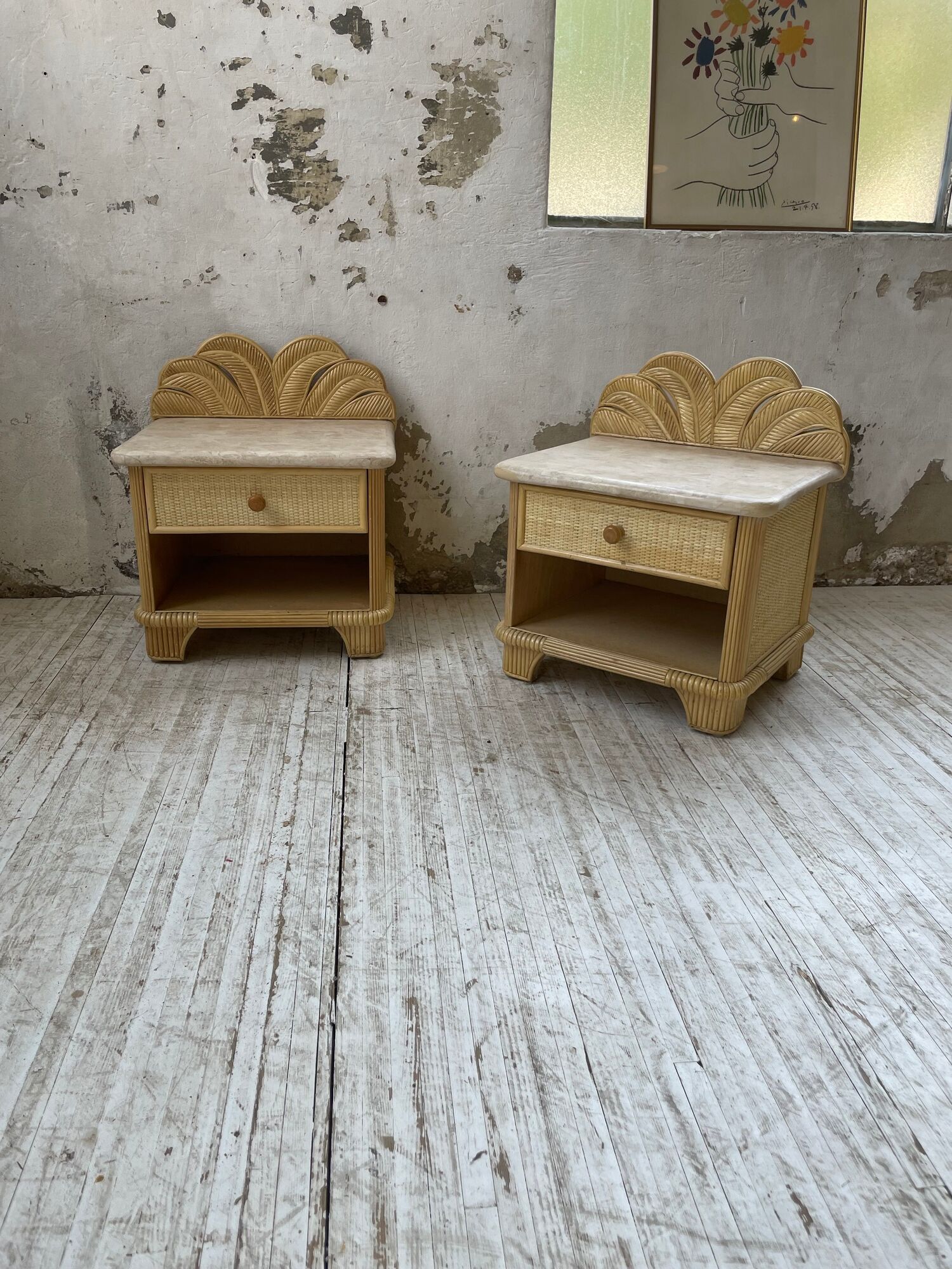 Pair of travertine bedside and rattan palm tree "vivai del sud"