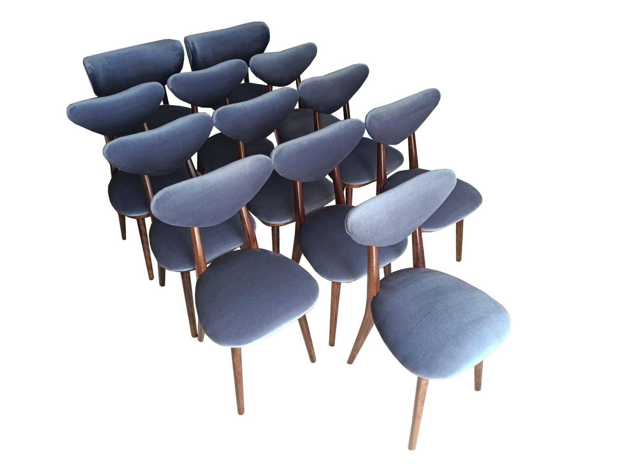 Heart-shaped blue velvet chair with walnut wood, mid-century, Poland, 1960s.