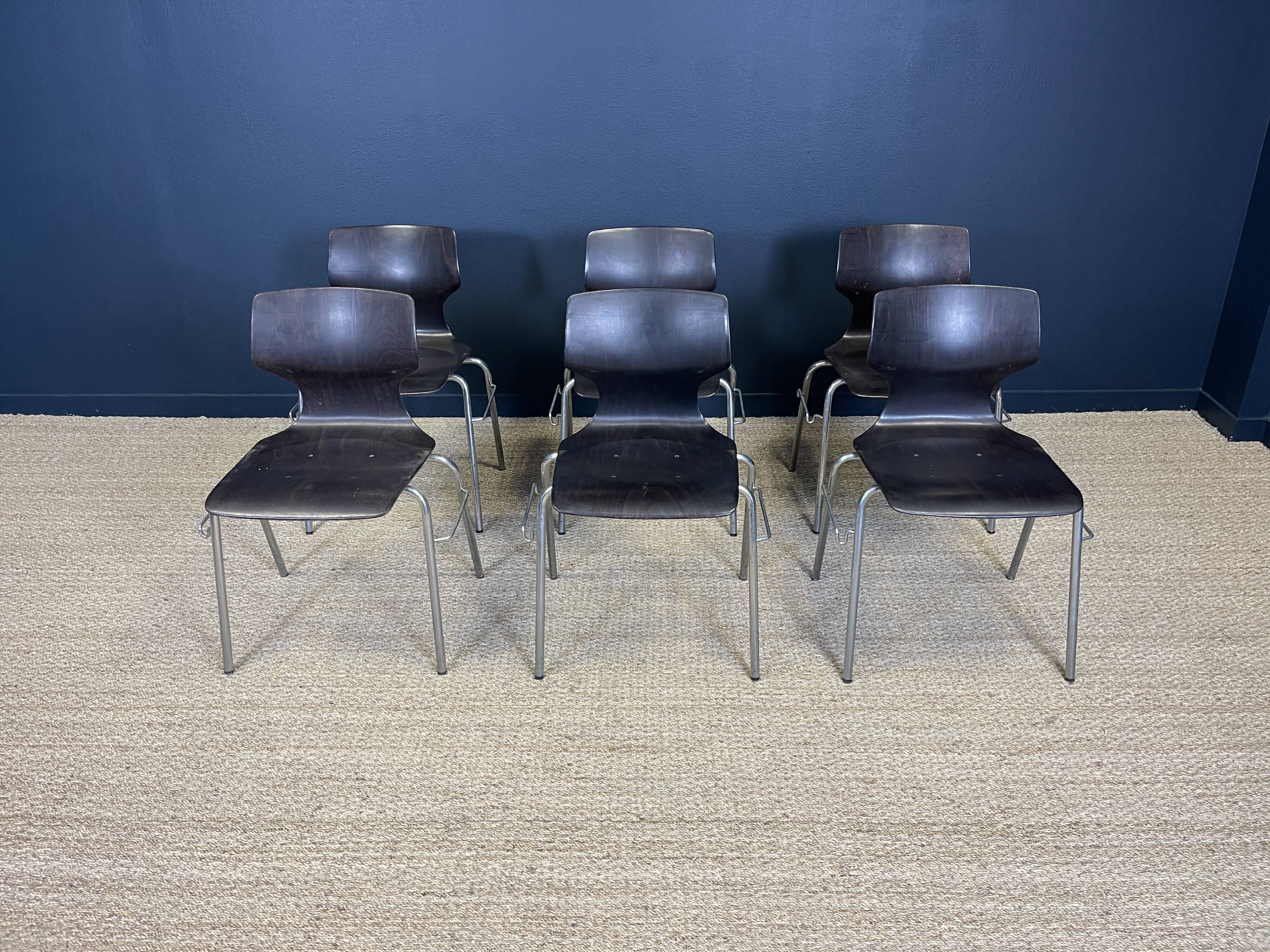 Set of 6 Flototto chairs wenge wood chrome steel 70s