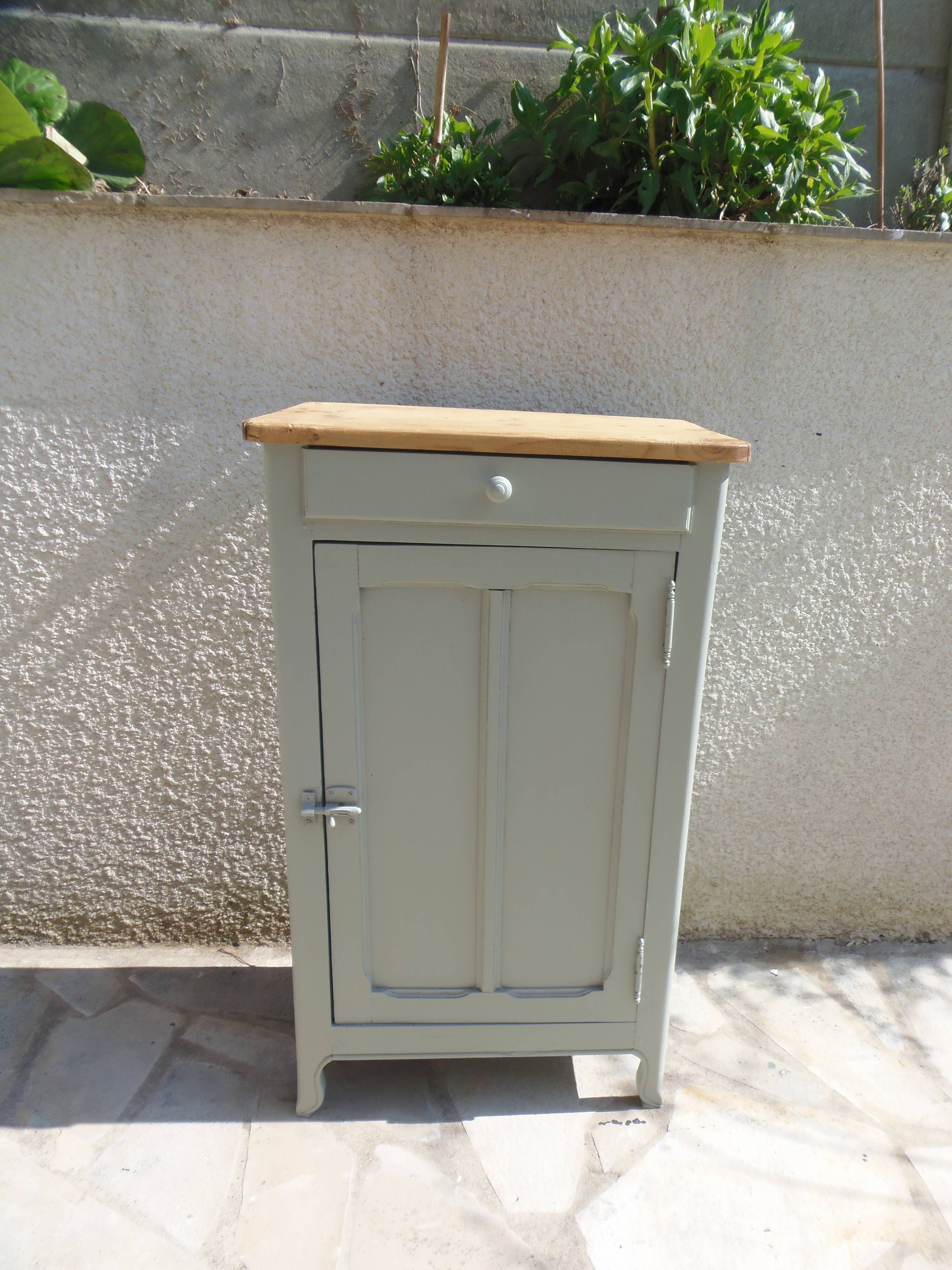 Vintage Parisian cupboard with 1 door, 1 drawer, reimagined in grey-green.
