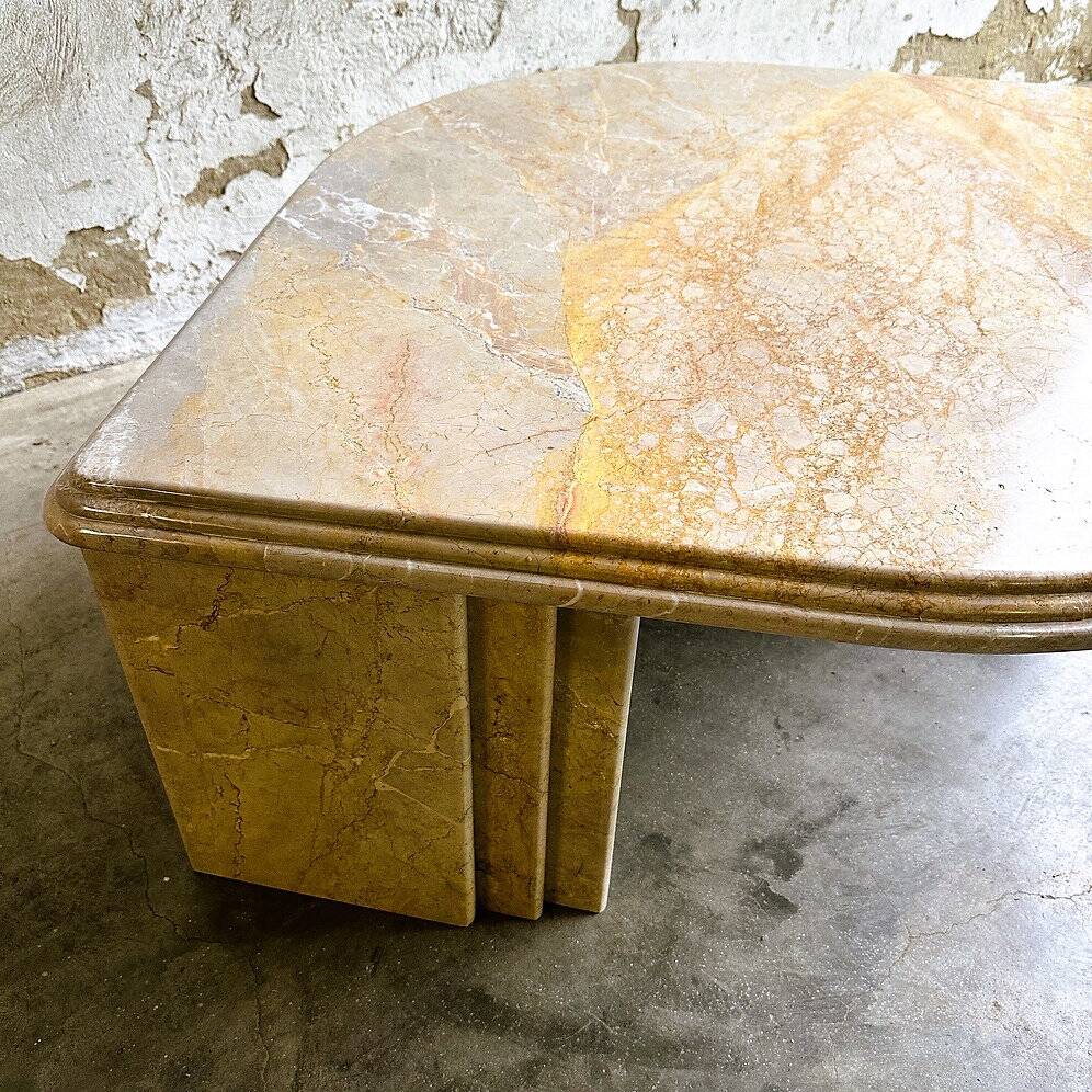 Vintage sandy coloured eye-shaped marble coffee table, France 1980s