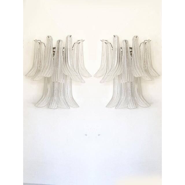 Contemporary Transparent Diamanted Murano Glass "Selle" Wall Sconces in Mazzega Style - A Pair