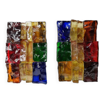 Pair of multicolored patchwork wall lights in rough glass by Jean Simon Labret