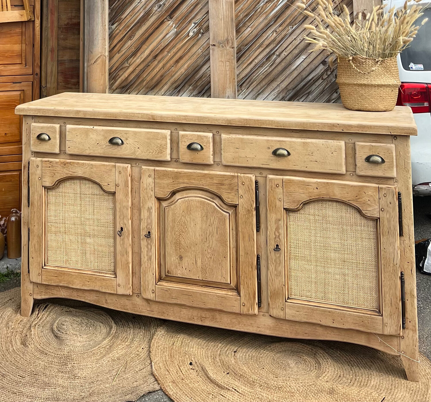 Antique enfilade / solid raw oak sideboard with caning