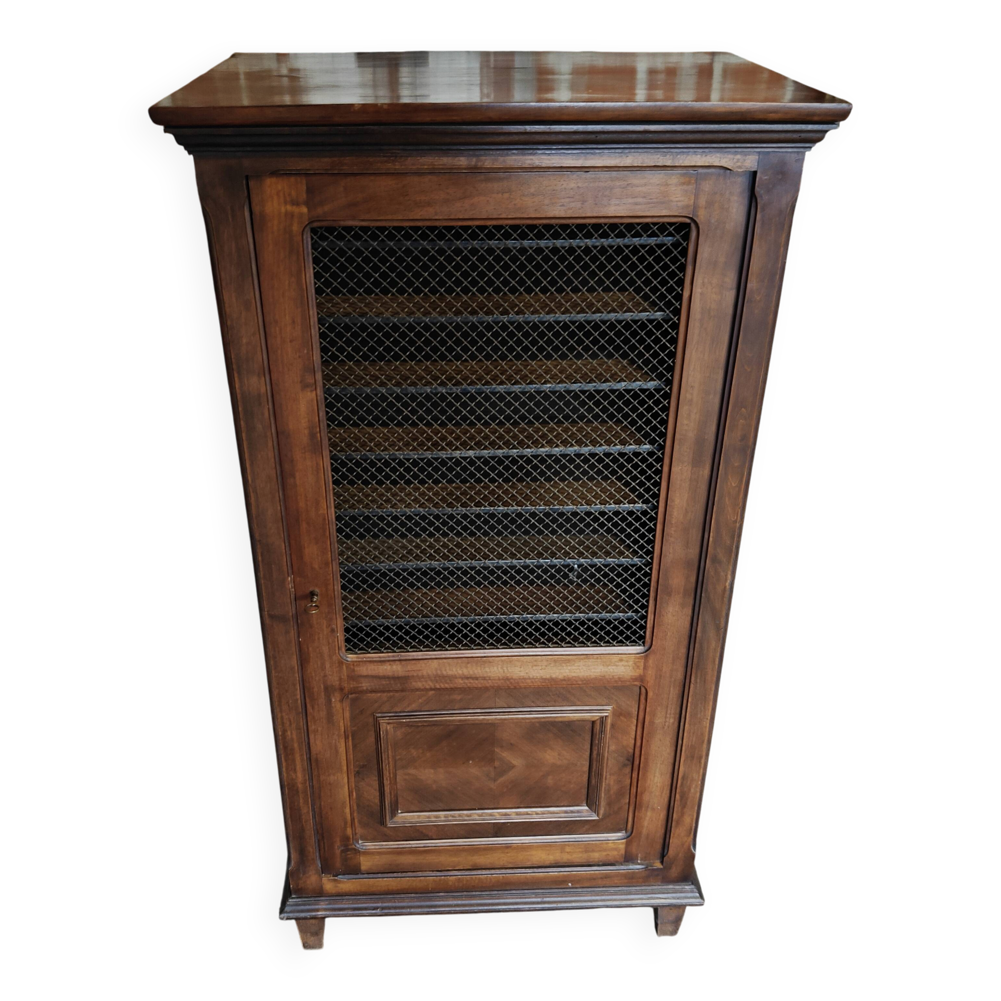 Antique printer's style wooden workshop furniture – mesh door