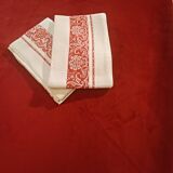 2 old red and white damask napkins