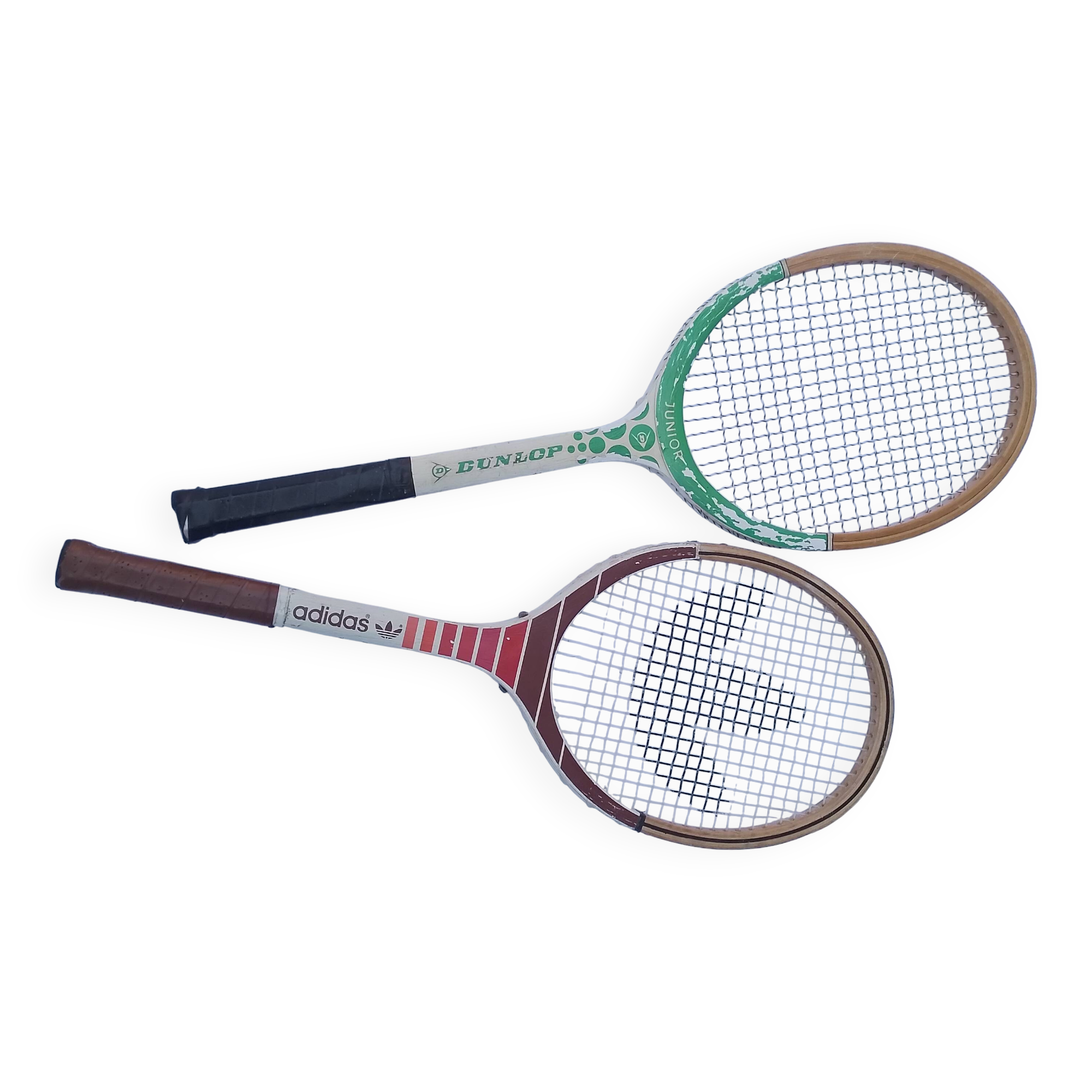 2 vintage Adidas and Dunlop 70' wooden tennis rackets