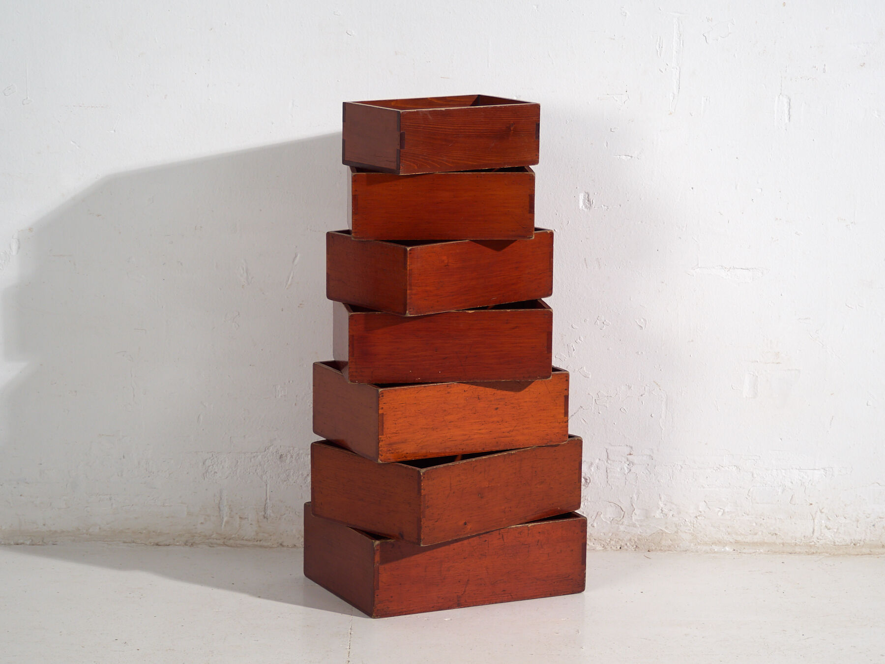 Stackable antique Japanese wooden boxes – set of 7 – Taishō–Shōwa period (c. 1920–1950)