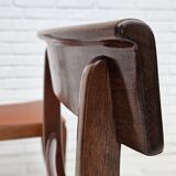 1970s, reupholstered set of 6 pcs Danish dining chairs, teak wood, camel brown leather.
