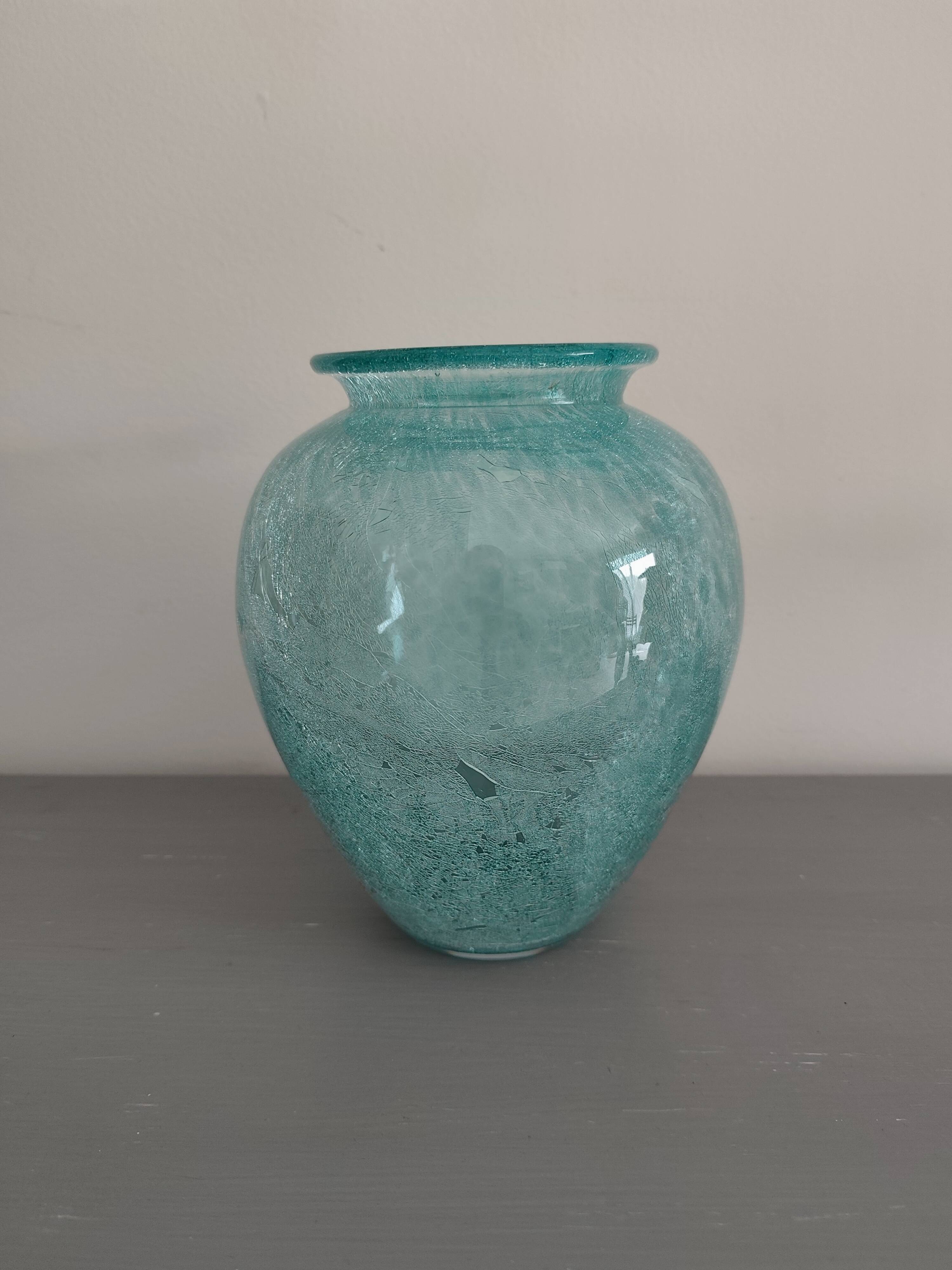 vase Karcagi Fátyolüveg cracked glass turquoise / blue-green water Hungary