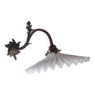 Art Nouveau Bronze and pleated opaline wall light.