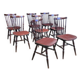 Set of 8 Tacoma Baumann bistro chairs in dark wood and brown leatherette from the 50s