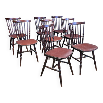 Set of 8 Tacoma Baumann bistro chairs in dark wood and brown leatherette from the 50s