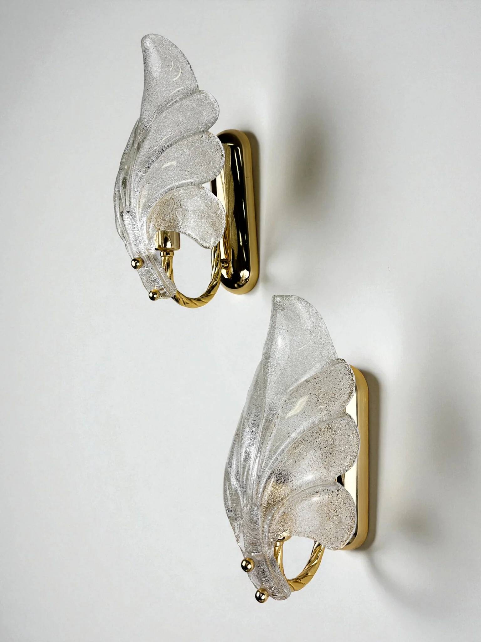 Pair of Murano frosted leaf sconces, textured glass & gilt brass, Italy, 1970s