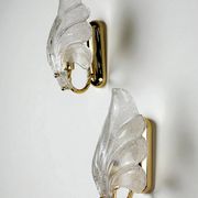 Pair of Murano frosted leaf sconces, textured glass & gilt brass, Italy, 1970s